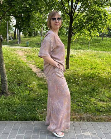 Жіночий бежево-золотистий костюм блуза та штани палаццо з натуральної тканини штапель S 1_0944 фото