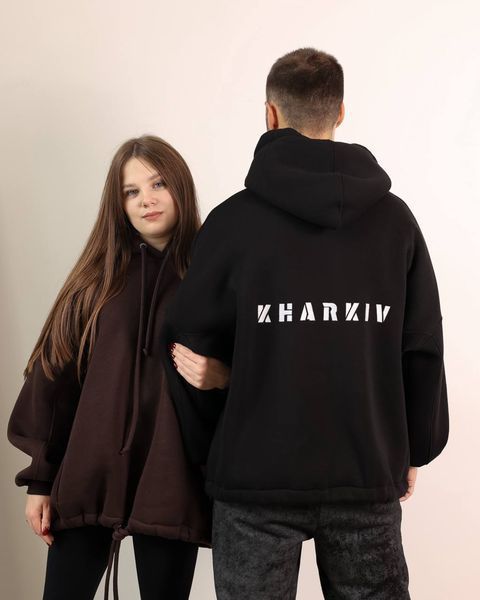 (Унісекс)Худі оверсайз утеплене з кишенями з вишивкою міста на спині колір шоколад 1_0429 фото